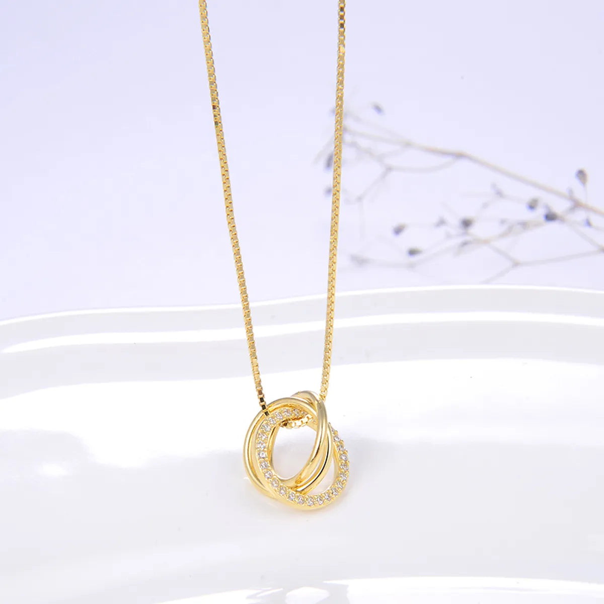 Simple Style Classic O-Shape Zircon Inlay Sterling Silver Pendant Necklace – White Gold Plated