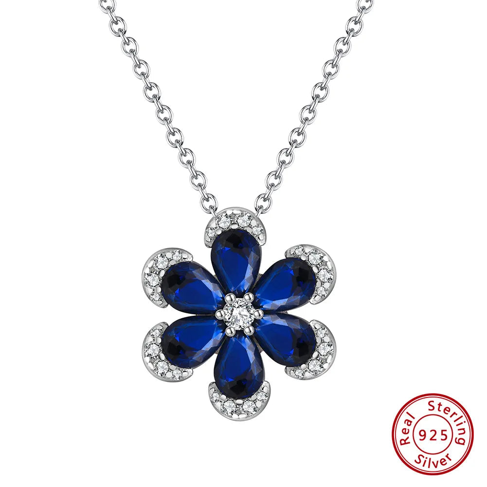 Sterling Silver Flower Pendant Necklace with White Gold Plating & Zircon Inlay - Glam Sweet & Shiny