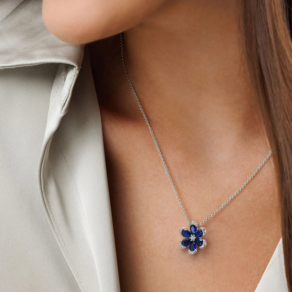 Sterling Silver Flower Pendant Necklace with White Gold Plating & Zircon Inlay - Glam Sweet & Shiny