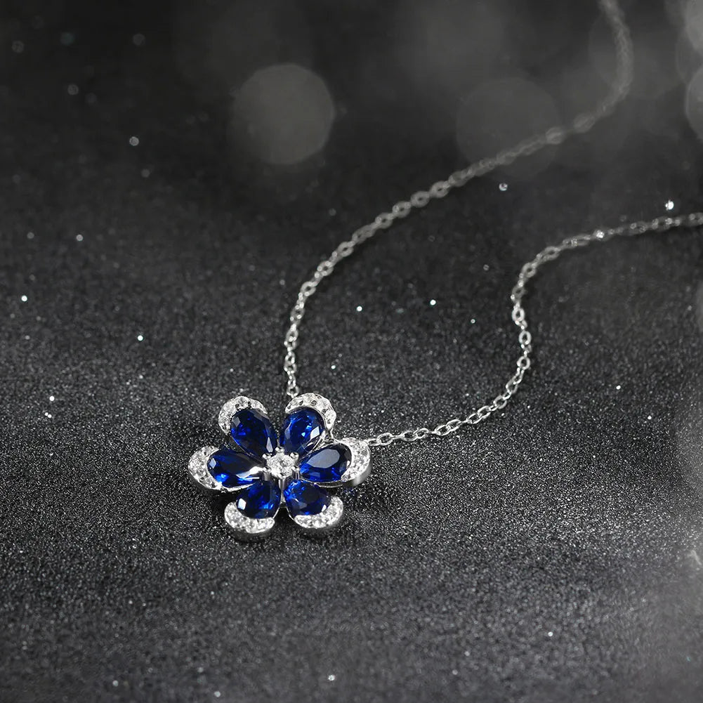 Sterling Silver Flower Pendant Necklace with White Gold Plating & Zircon Inlay - Glam Sweet & Shiny