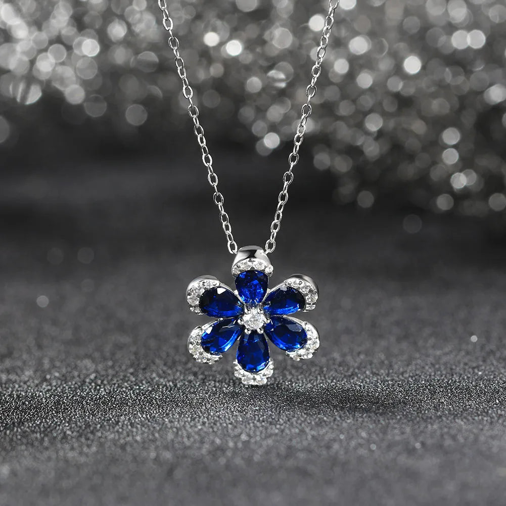 Sterling Silver Flower Pendant Necklace with White Gold Plating & Zircon Inlay - Glam Sweet & Shiny