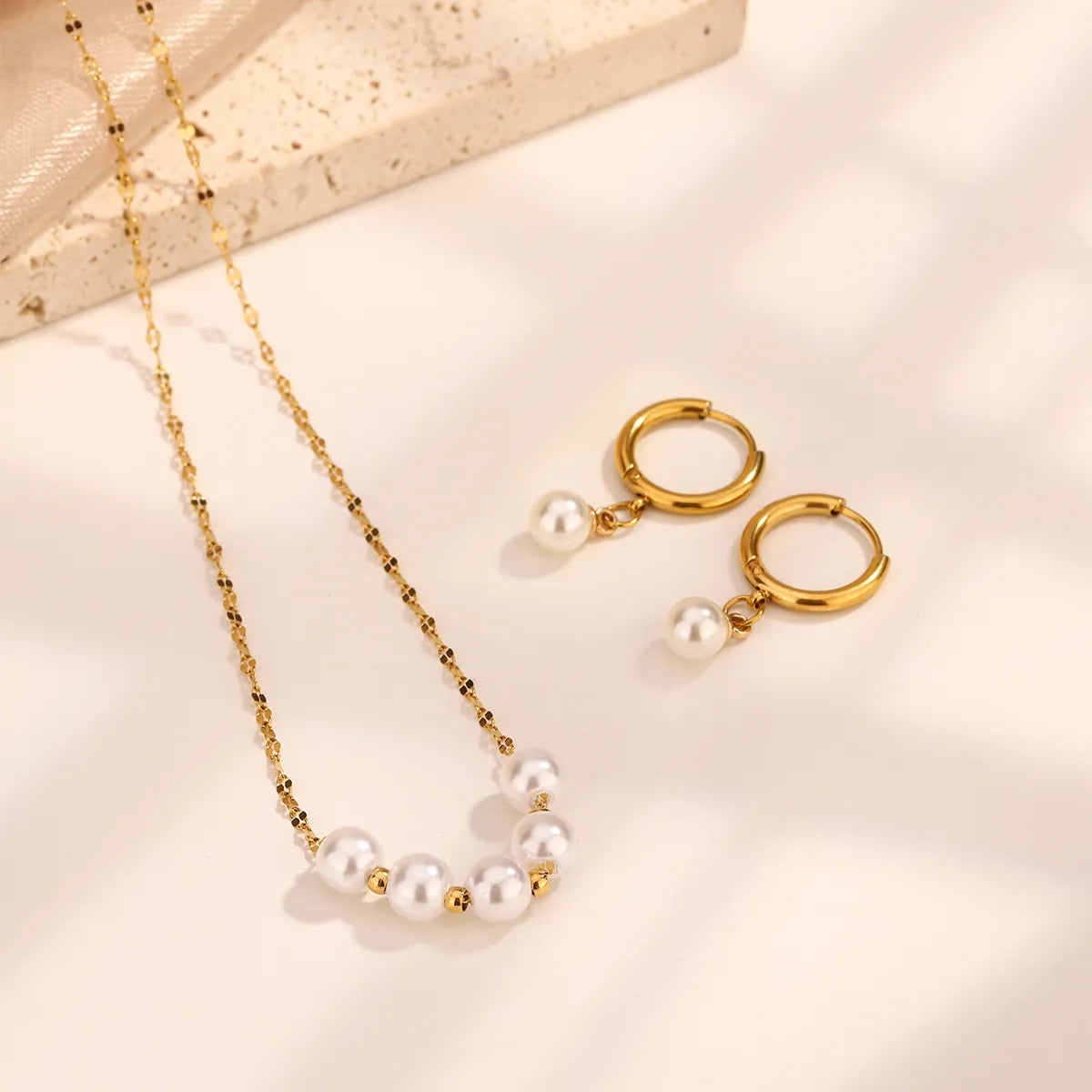 Elegant Gold-Plated Pearl Jewelry Set – Stainless Steel Hoop Earrings & Necklace