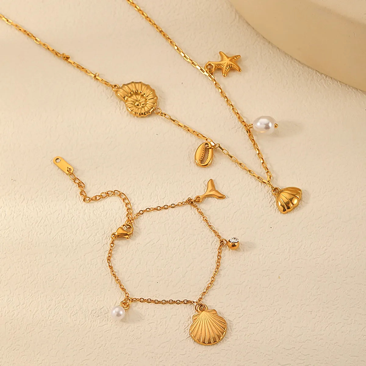 Marine Style Starfish & Ocean Shell 304 Stainless Steel 18K Gold Plated Bracelet & Necklace Set | Zircon & Pearl Inlay