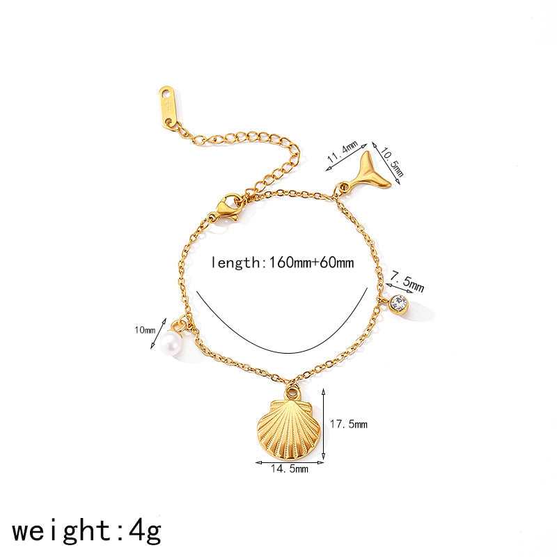 Marine Style Starfish & Ocean Shell 304 Stainless Steel 18K Gold Plated Bracelet & Necklace Set | Zircon & Pearl Inlay