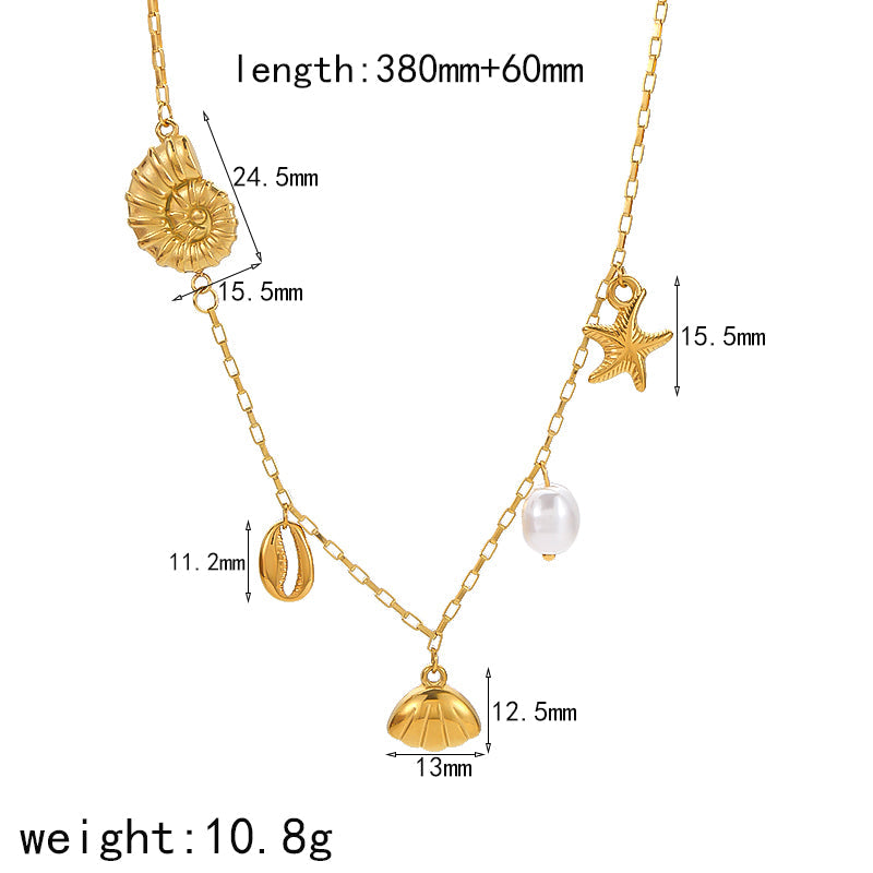 Marine Style Starfish & Ocean Shell 304 Stainless Steel 18K Gold Plated Bracelet & Necklace Set | Zircon & Pearl Inlay