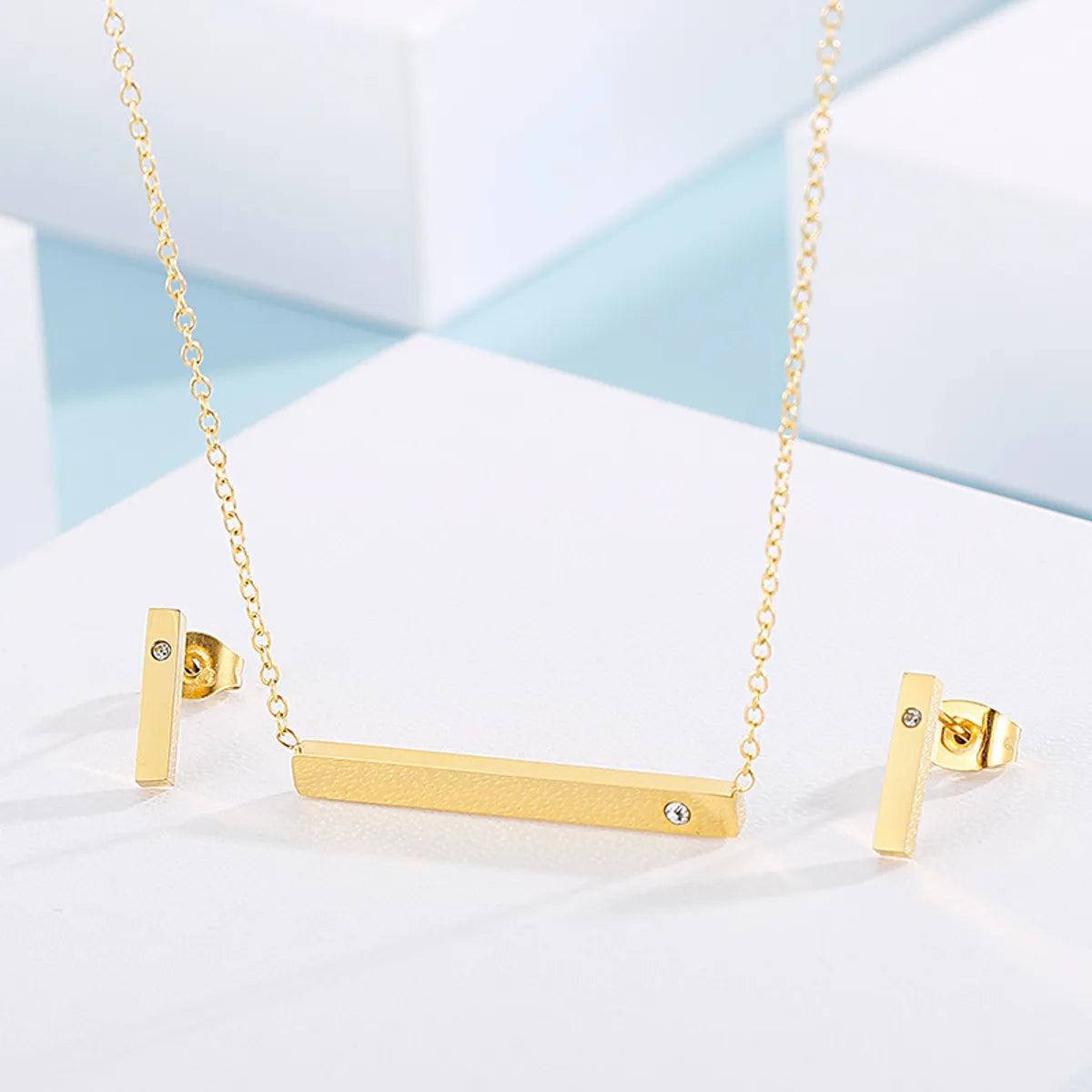 Simple Style Solid Color Stainless Steel & Titanium Steel Jewelry Set with Rhinestones – 18K Gold Plated