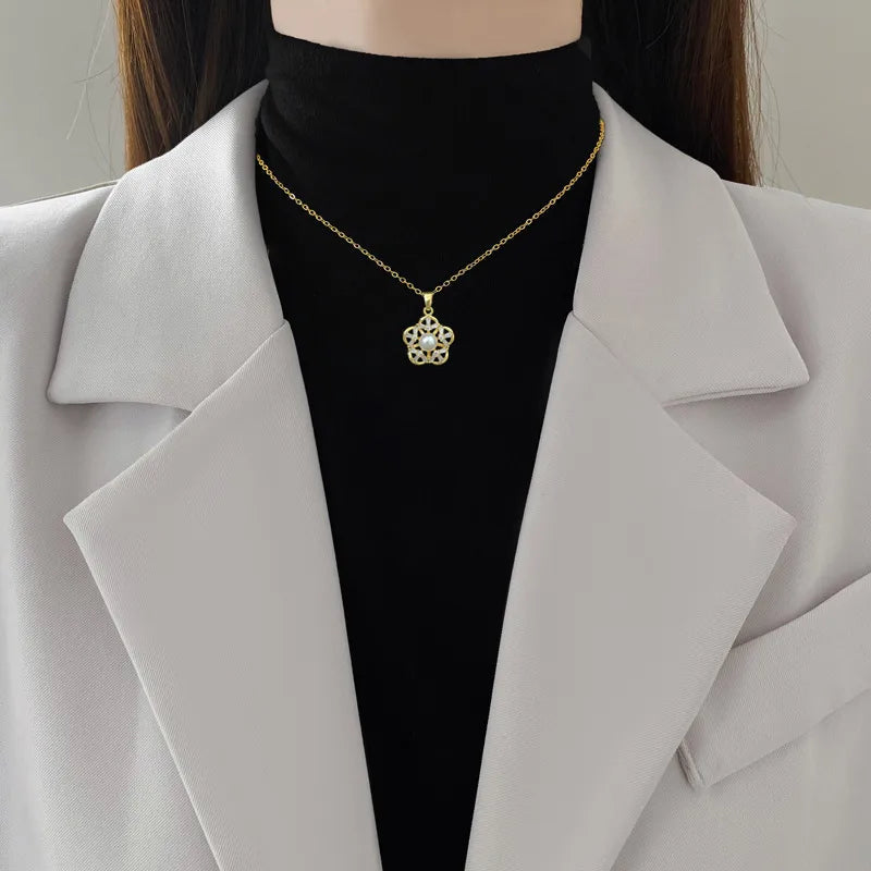 Titanium Steel Copper Gold Plated Hollow Flower Zircon Jewelry Set – Elegant, Luxurious, Simple
