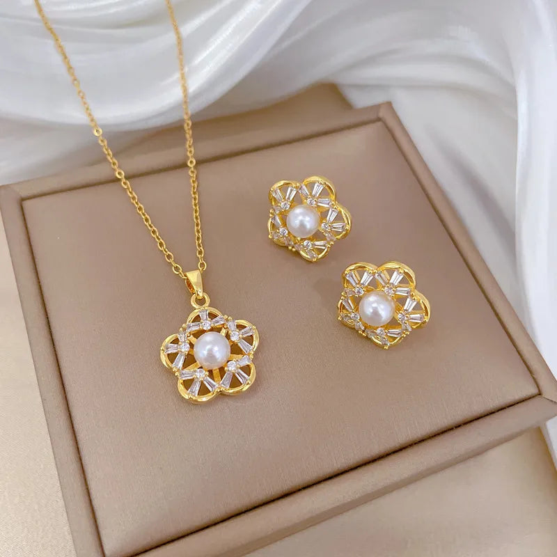 Titanium Steel Copper Gold Plated Hollow Flower Zircon Jewelry Set – Elegant, Luxurious, Simple