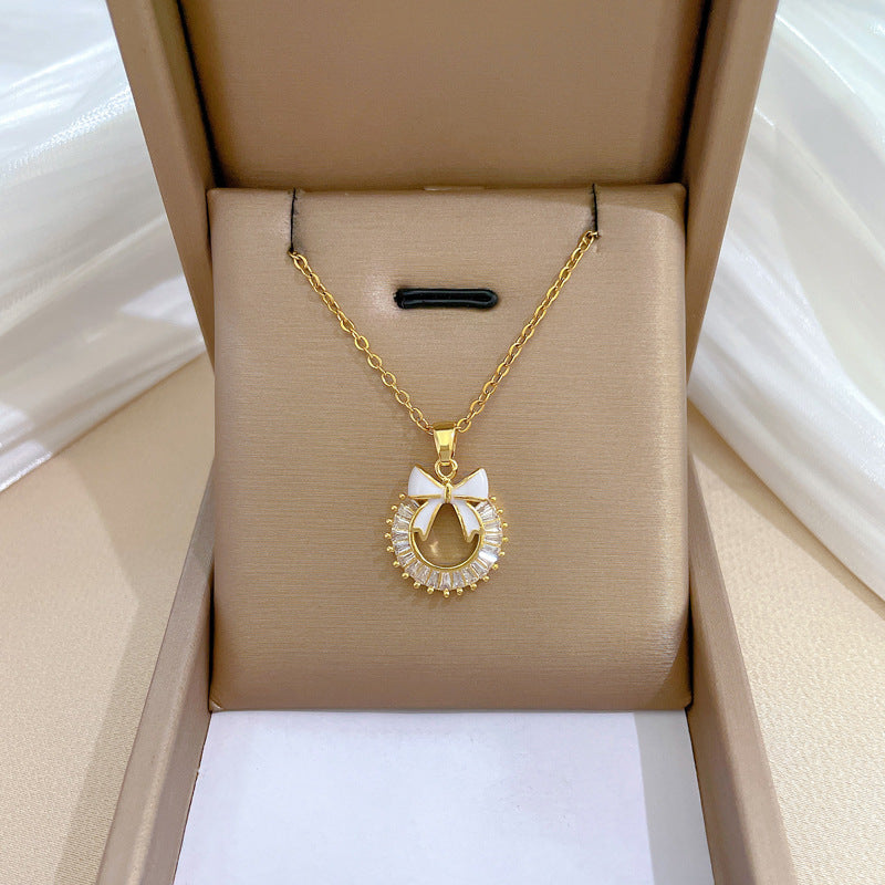 Vintage Style Bow Knot Titanium Steel Jewelry Set with Artificial Gemstones - Gold Plated