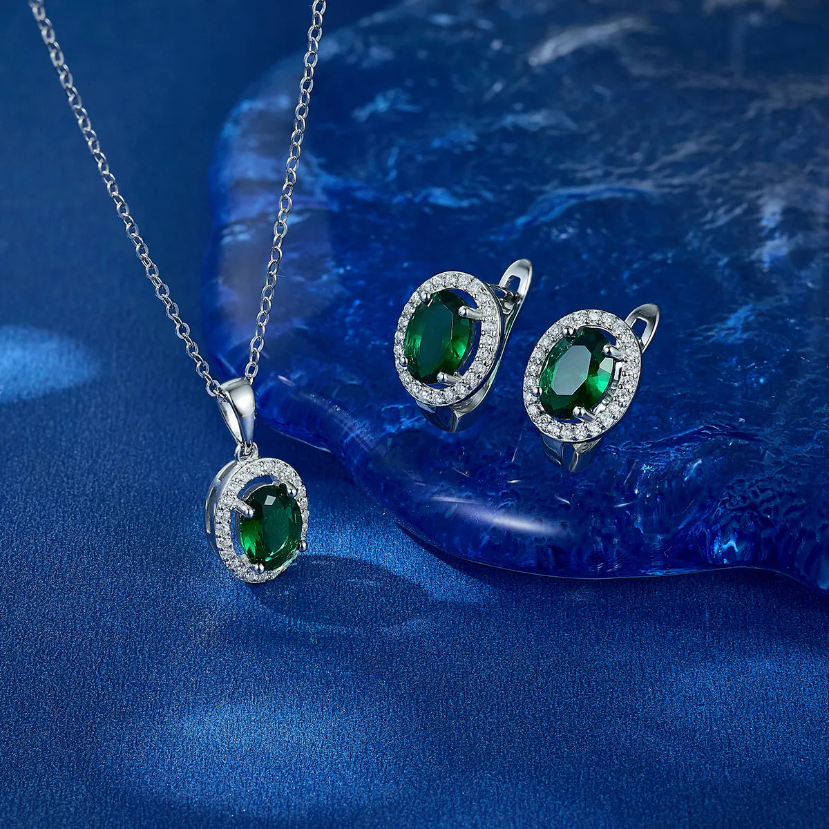 Elegant Geometric Round Oval Sterling Silver Earrings & Necklace Set | White Gold Plated | Glass Inlay Jewelry Set