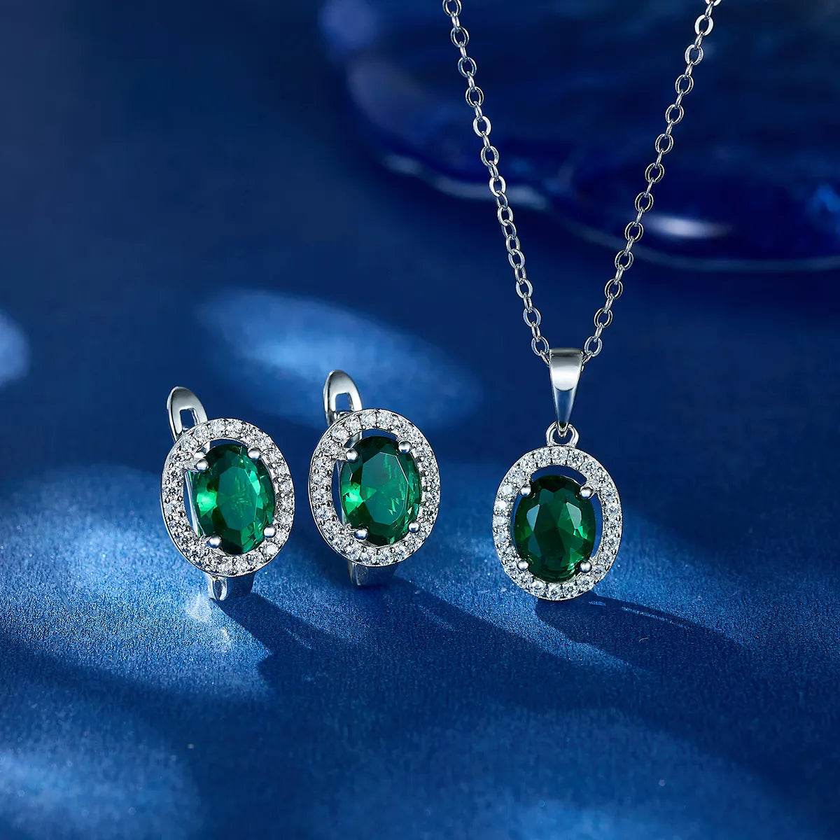 Elegant Geometric Round Oval Sterling Silver Earrings & Necklace Set | White Gold Plated | Glass Inlay Jewelry Set