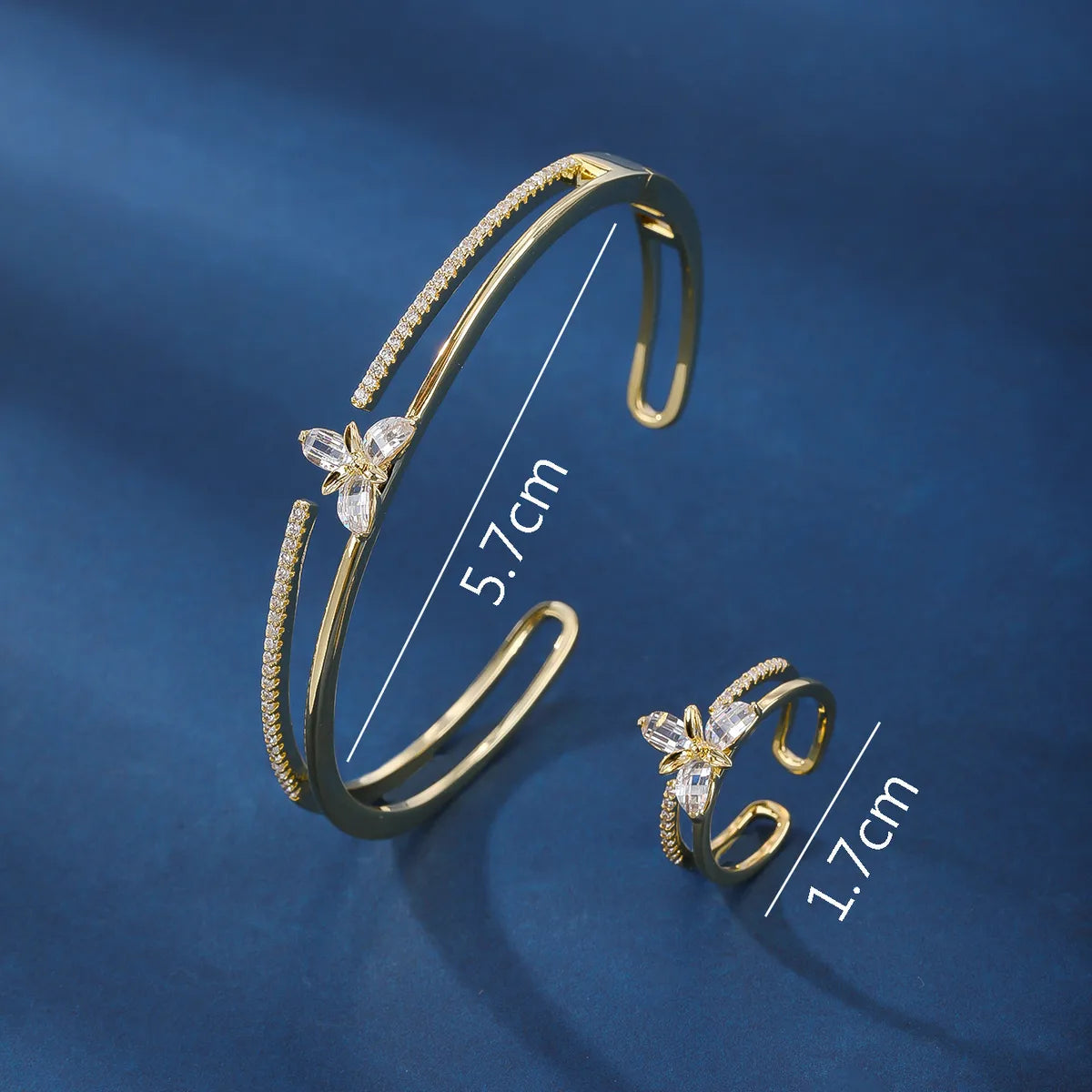 Elegant 14k Gold Plated Zircon Shamrock Ring & Bracelet Set for Women - Stylish & Luxurious