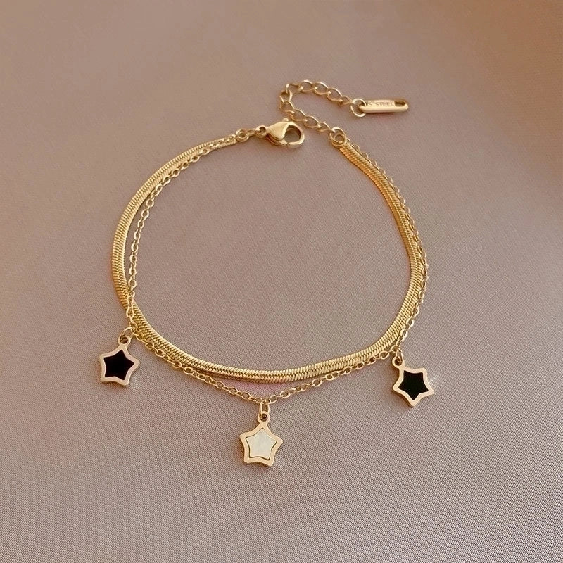Star Charm Titanium Steel Layered Necklace & Bracelet Set – Enamel Accents