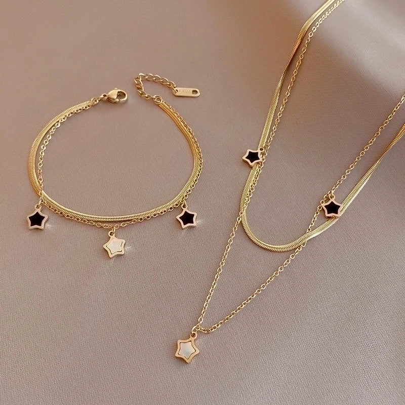 Star Charm Titanium Steel Layered Necklace & Bracelet Set – Enamel Accents
