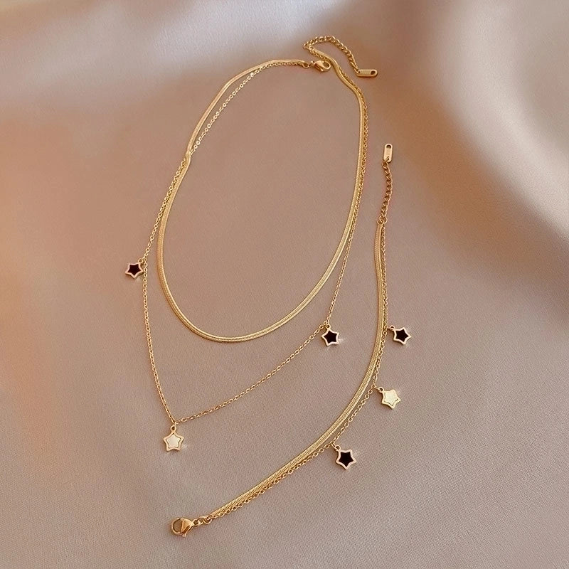Star Charm Titanium Steel Layered Necklace & Bracelet Set – Enamel Accents