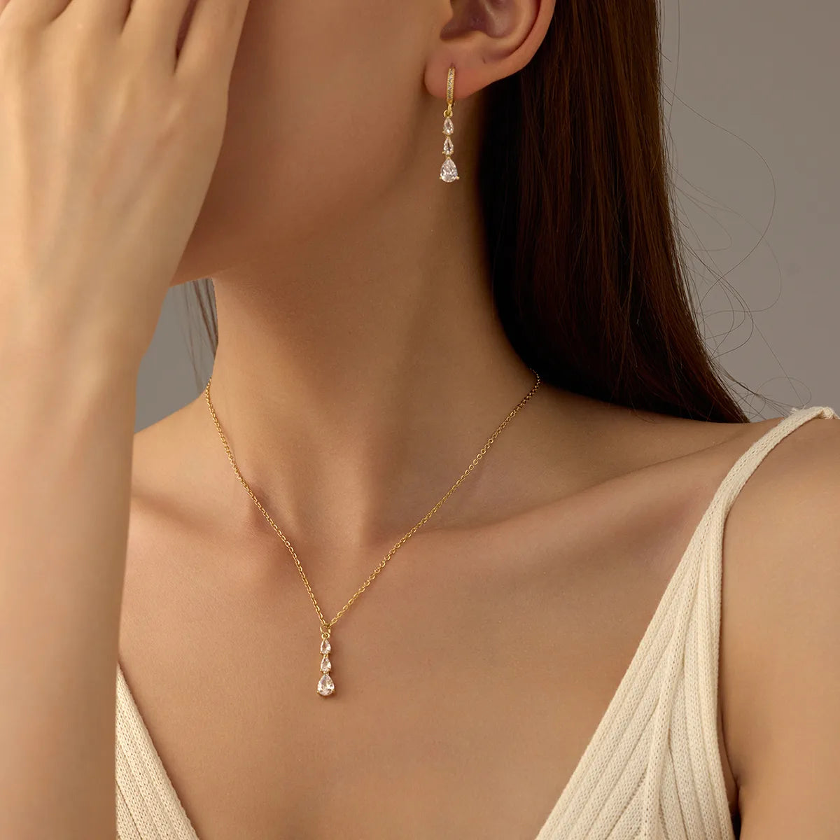 Elegant Water Drop Zircon Jewelry Set – Gold-Plated Copper – SKU SETDIY53