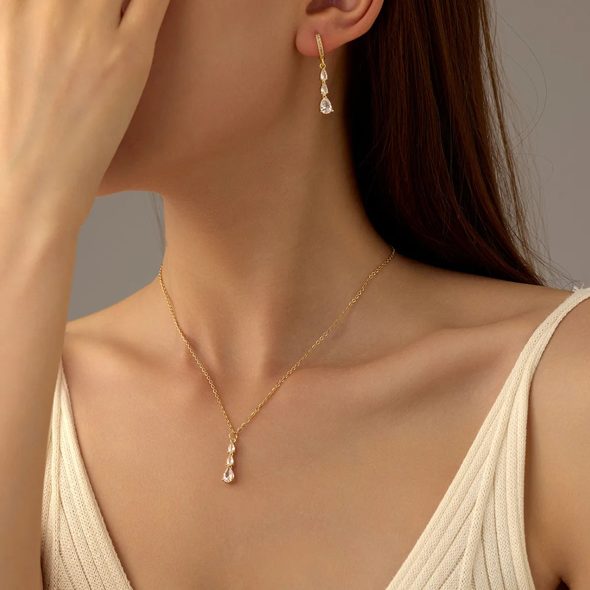 Elegant Water Drop Zircon Jewelry Set – Gold-Plated Copper – SKU SETDIY53