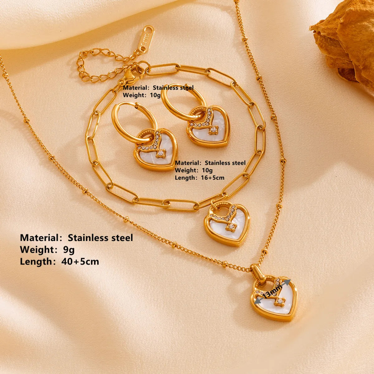 Sweet & Simple Heart-Shaped 18K Gold-Plated Jewelry Set with Acrylic & Rhinestones | Titanium Steel Bracelet, Earrings & Necklace