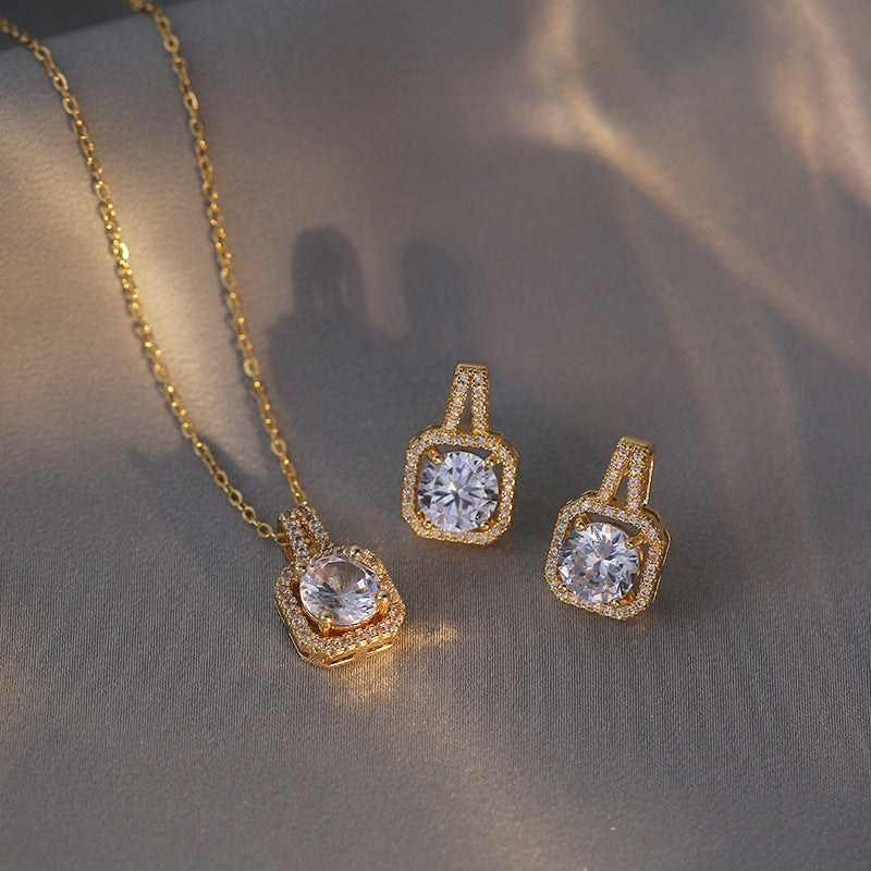 Elegant Square Titanium Steel Zircon Earrings & Necklace Set – Women's Jewelry