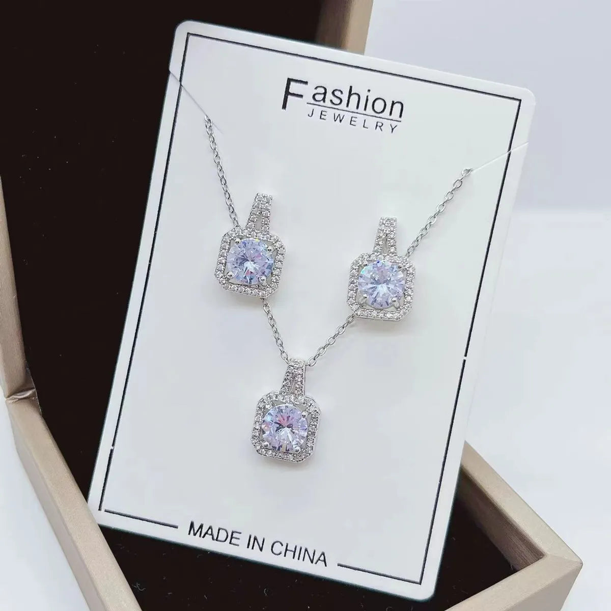 Elegant Square Titanium Steel Zircon Earrings & Necklace Set – Women's Jewelry