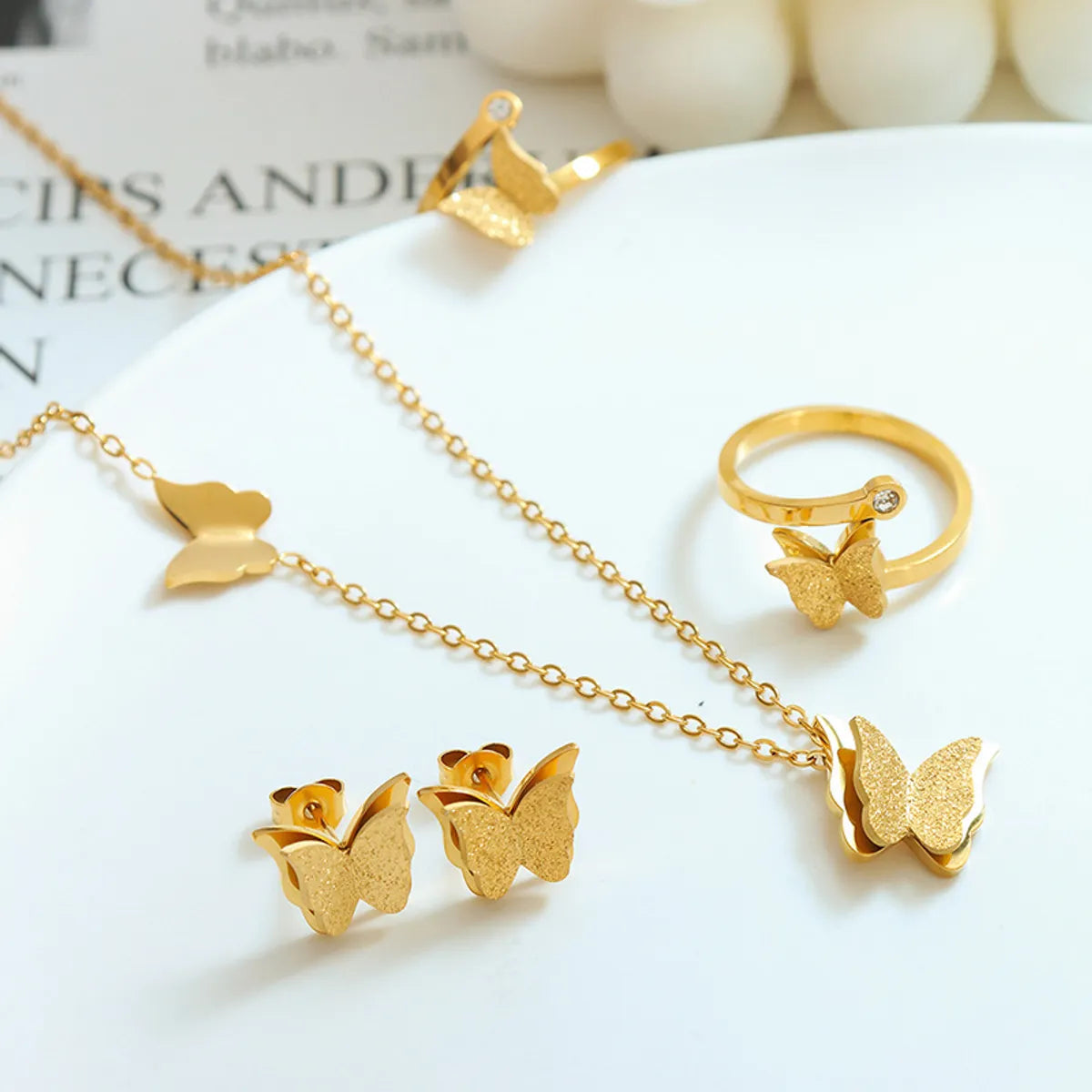 Elegant Butterfly Titanium Steel Inlay Zircon Rings, Earrings & Necklace Set