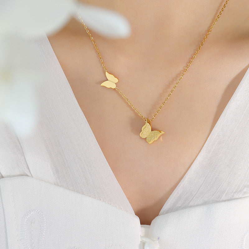 Elegant Butterfly Titanium Steel Inlay Zircon Rings, Earrings & Necklace Set