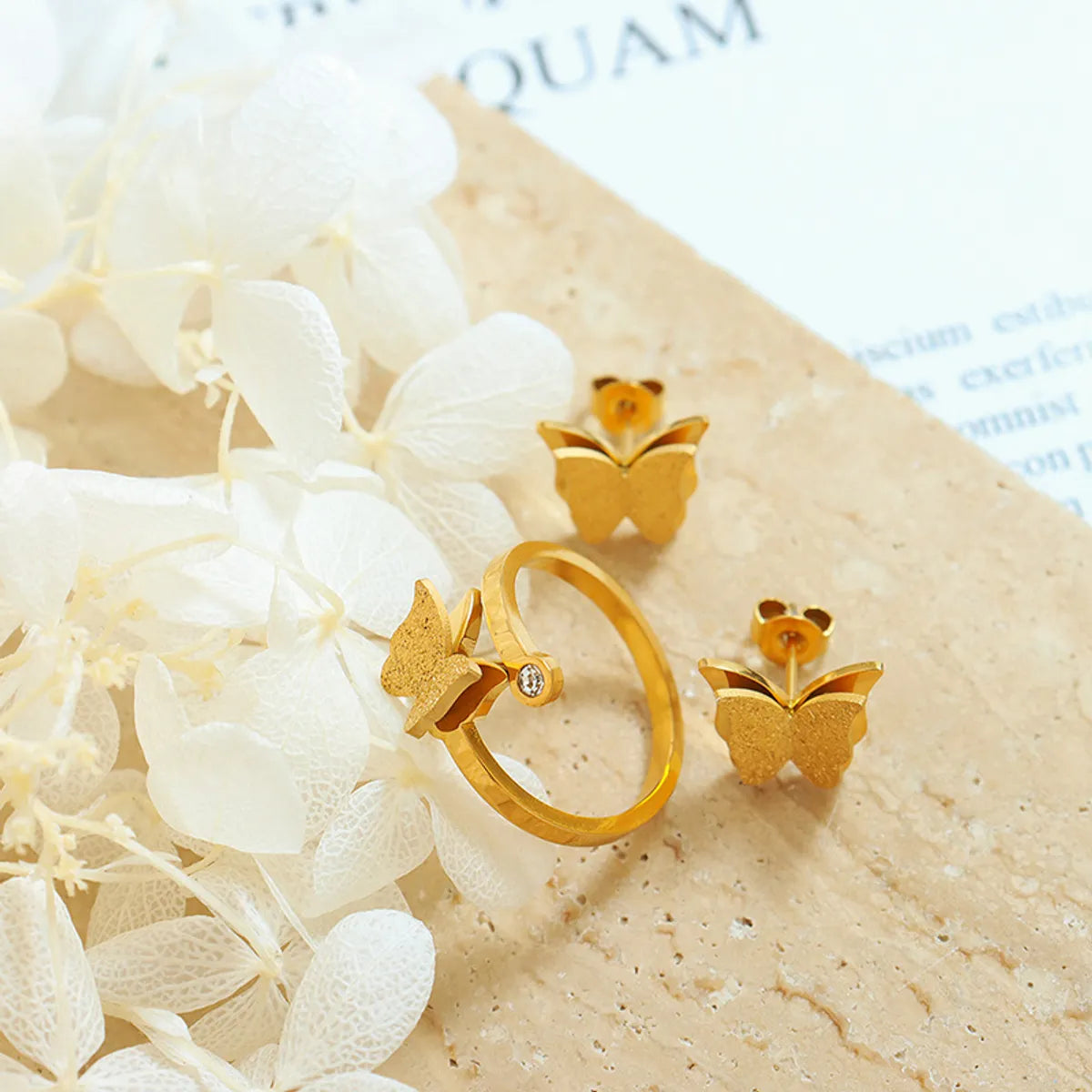 Elegant Butterfly Titanium Steel Inlay Zircon Rings, Earrings & Necklace Set