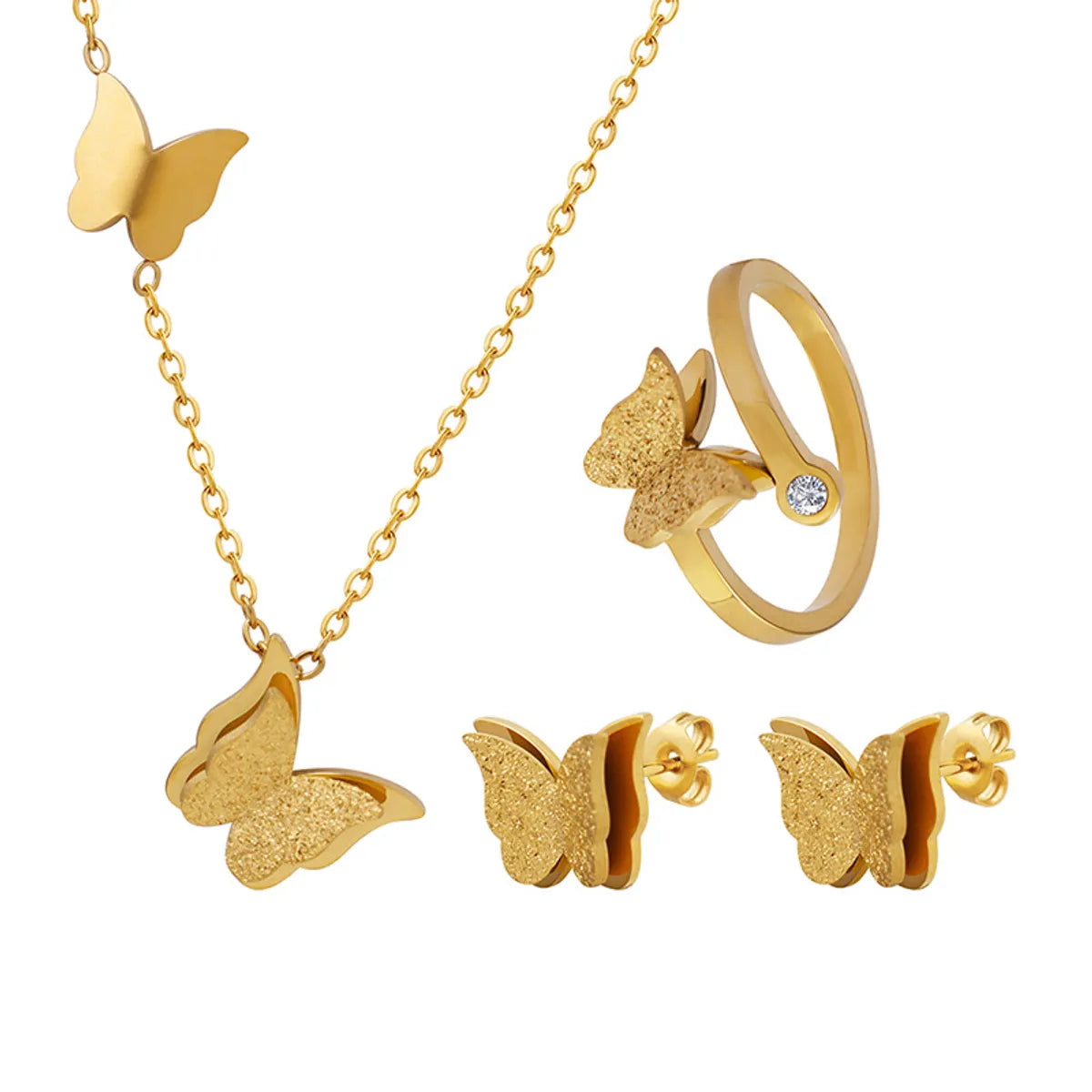 Elegant Butterfly Titanium Steel Inlay Zircon Rings, Earrings & Necklace Set