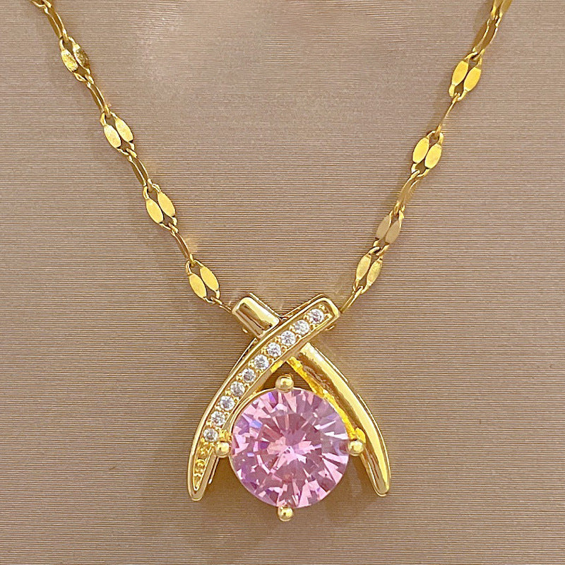Elegant Zircon Jewelry Set in Gold-Plated Titanium Steel – Necklace & Earrings