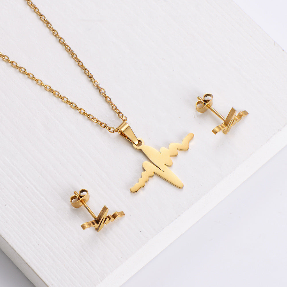 Gold-Plated Stainless Steel Heartbeat Necklace & Earrings Set – Korean Trendy Style | Dariya Jewelry