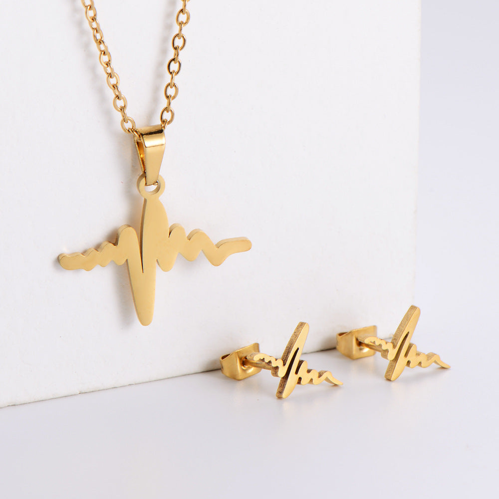 Gold-Plated Stainless Steel Heartbeat Necklace & Earrings Set – Korean Trendy Style | Dariya Jewelry