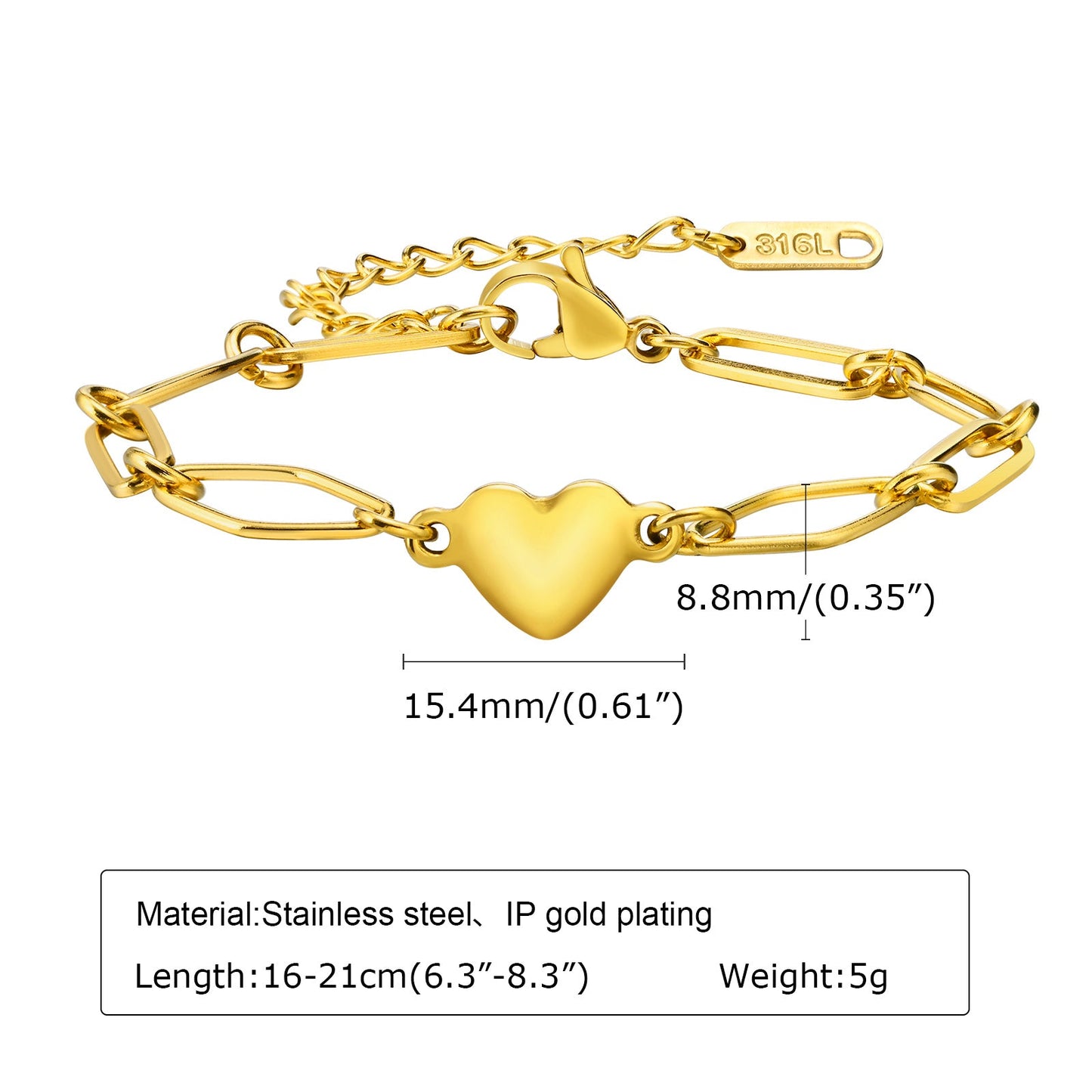 Heart Shape 18K Gold Plated Stainless Steel Necklace & Bracelet Set – Classic Charm for Every Day