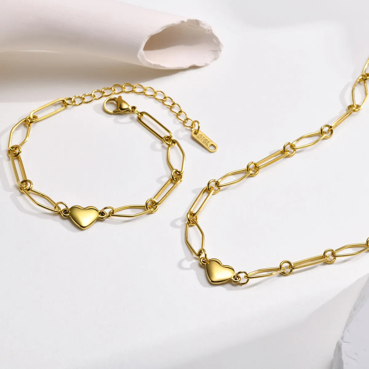 Heart Shape 18K Gold Plated Stainless Steel Necklace & Bracelet Set – Classic Charm for Every Day