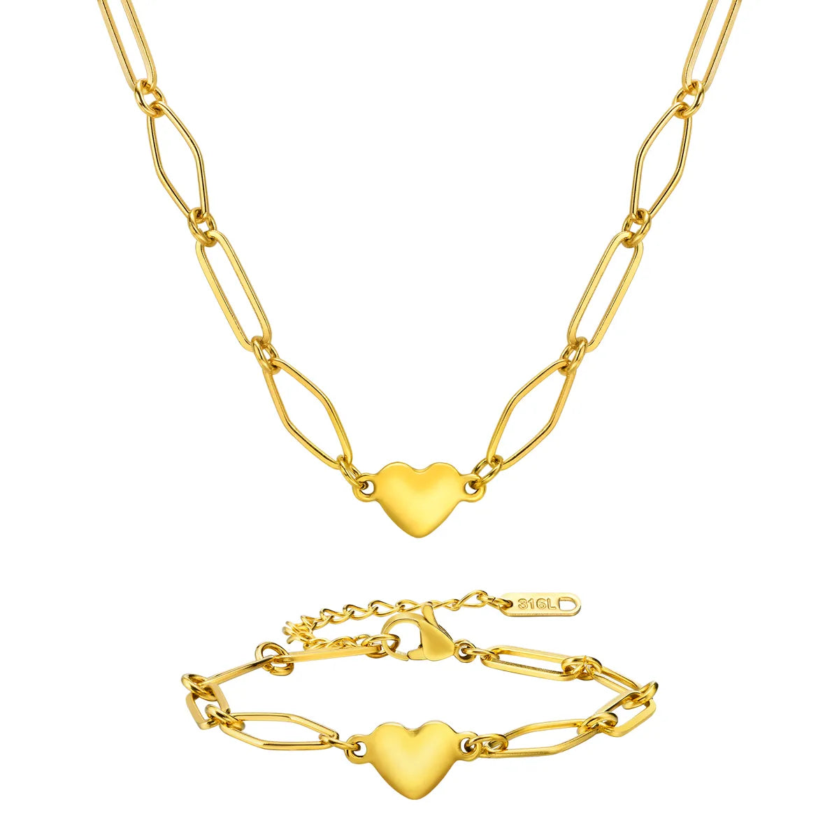 Heart Shape 18K Gold Plated Stainless Steel Necklace & Bracelet Set – Classic Charm for Every Day