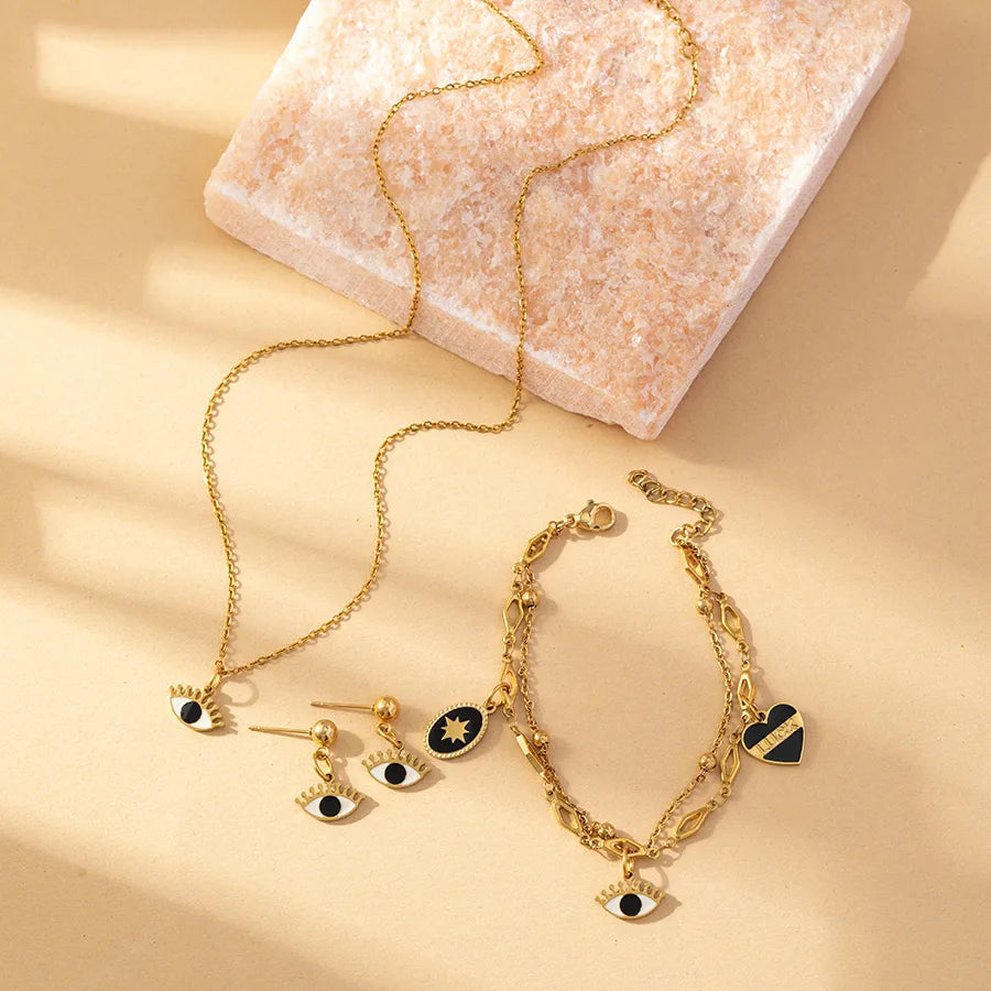 Gold-Plated 316L Stainless Steel Eye & Heart Charm Jewelry Set – Enamel & Zircon Accents | Dariya Jewelry SKU: SETDIY64