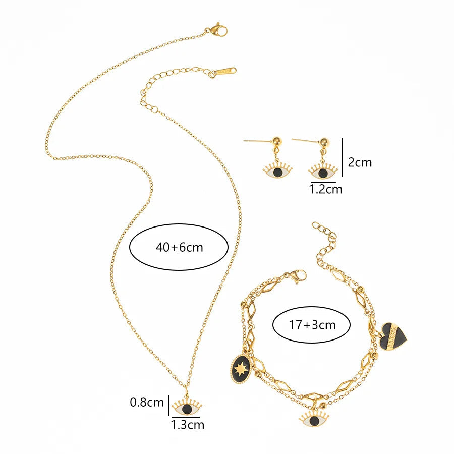 Gold-Plated 316L Stainless Steel Eye & Heart Charm Jewelry Set – Enamel & Zircon Accents | Dariya Jewelry SKU: SETDIY64