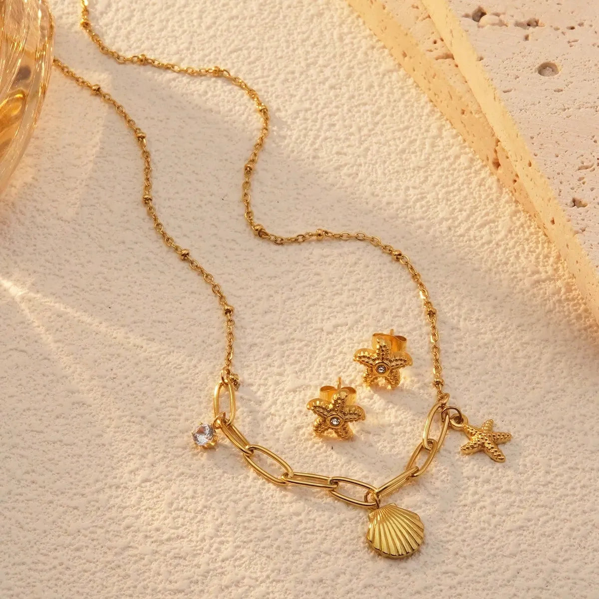 Beach Charm Jewelry Set – 18K Gold Plated Stainless Steel with Starfish & Shell (SETDIY65)