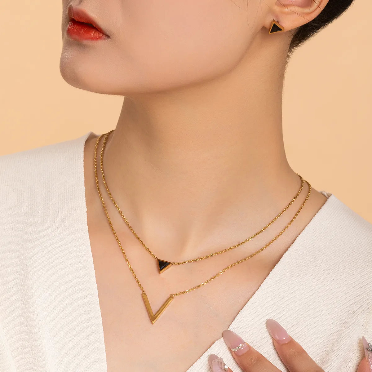 V Shape & Triangle Layered Jewelry Set – 201 Stainless Steel with Zircon Inlay | Dariya Jewelry