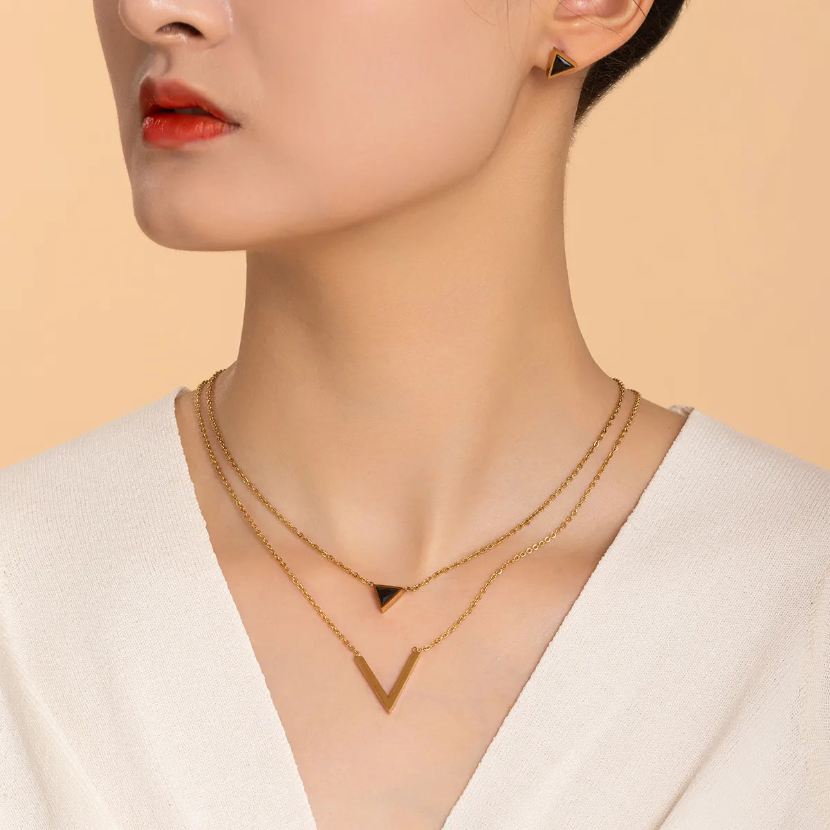 V Shape & Triangle Layered Jewelry Set – 201 Stainless Steel with Zircon Inlay | Dariya Jewelry