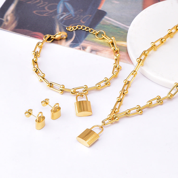 Gold-Plated Heart & Lock Charm Jewelry Set for Women – Titanium Steel (SKU: SETDIY68)