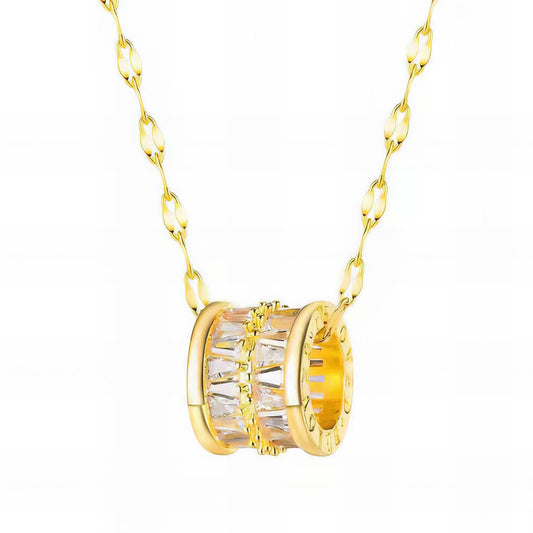 Luxury Gold Cylinder Pendant Necklace – 18K Plated Stainless Steel CZ Charm
