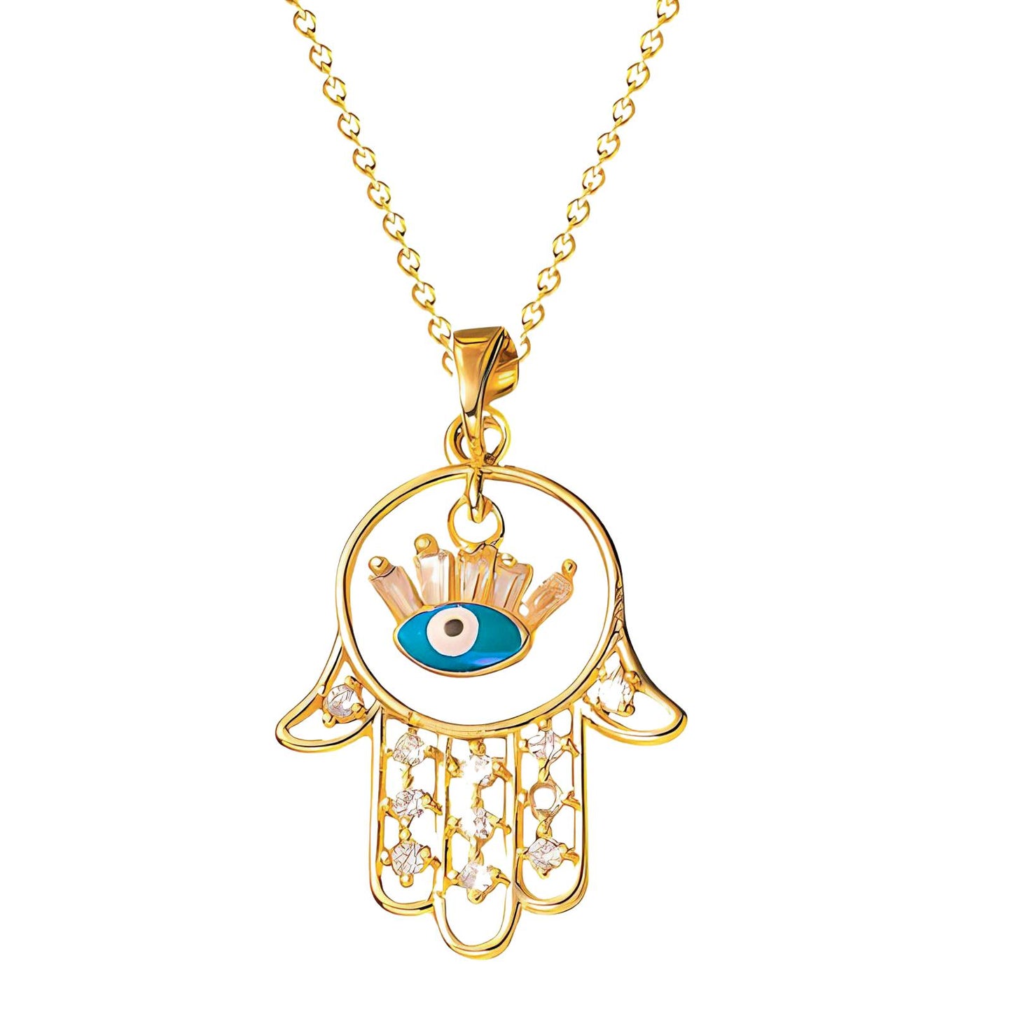 Hamsa Hand Evil Eye Necklace – 18K Gold Plated, CZ Crown Charm