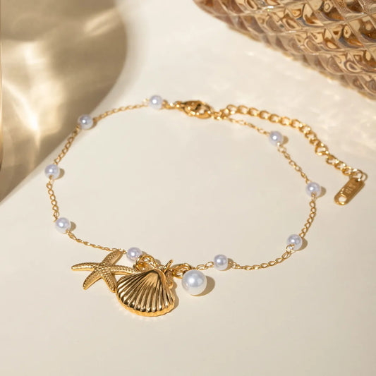 Beach Style Starfish & Shell Anklet with Imitation Pearls - 18K Gold Plated, Stainless Steel
