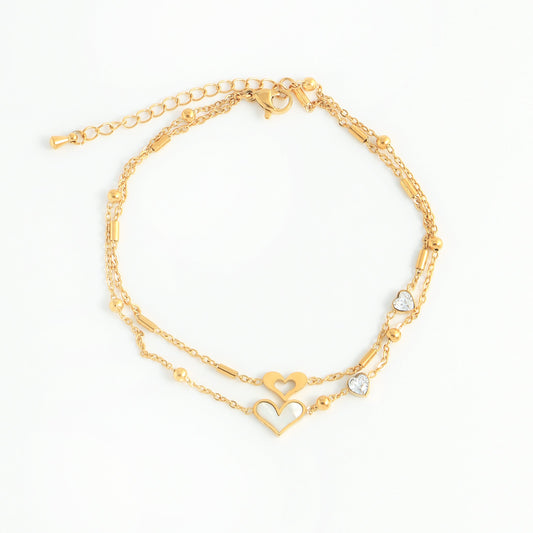 Casual Beach Heart-Shaped Anklet | 304 Stainless Steel with 18K Gold Plating & Zircon Inlay