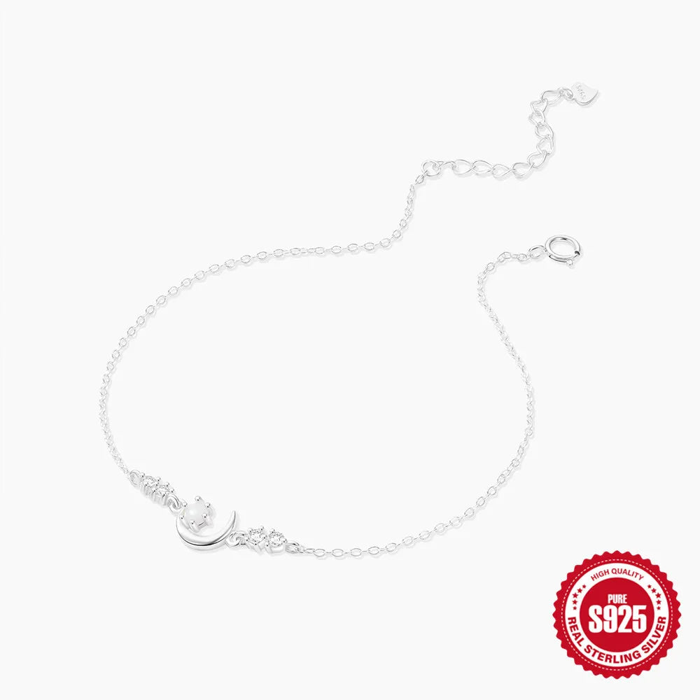 Shiny Geometric Moon Sterling Silver Anklet with Zircon Gem Inlay – Trendy IG Style