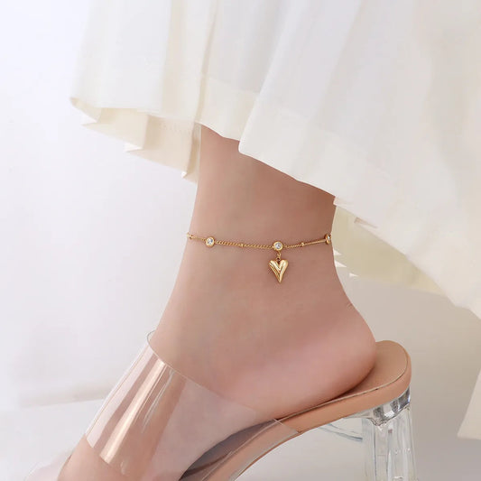 Peach Heart Titanium Steel Gold Plated Zircon Anklet – Trendy & Fashionable