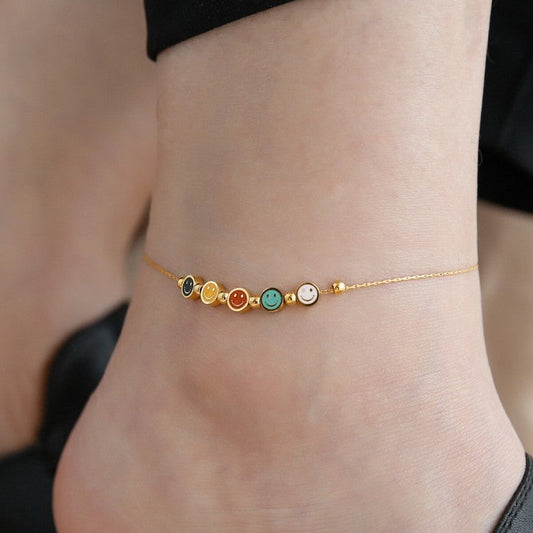 Colorful Smiley Face Anklet – Gold-Plated Copper, Fun Everyday Charm