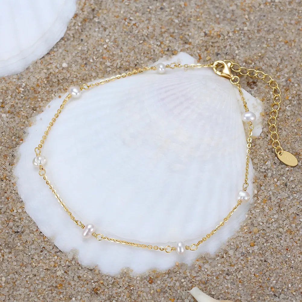 Sterling Silver Freshwater Pearl Anklet – 14K Gold Plated Charm by Dariya Jewelry