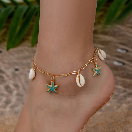 Marine Style Gold-Plated Alloy & Shell Starfish Anklet – Trendy Beach Charm | Dariya Jewelry (SKU: ADIY58)