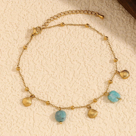 18K Gold Plated Shell & Turquoise Charm Anklet – Stainless Steel Sweet Marine Style